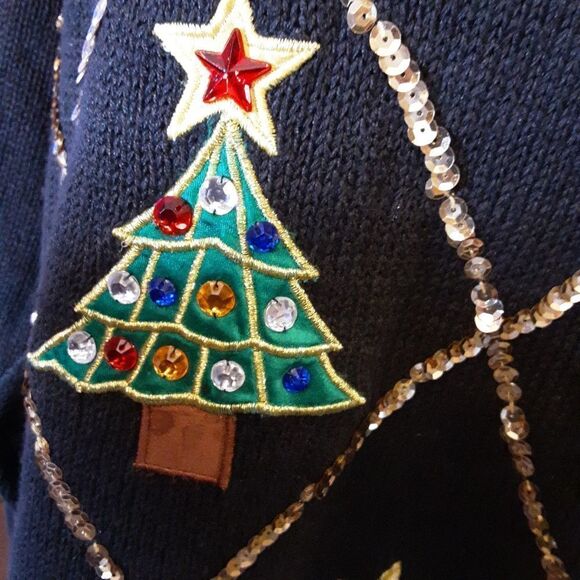 Work In Progress Sweater Appliqued Embroidered Christmas 7Cotton M… - Picture 6 of 8